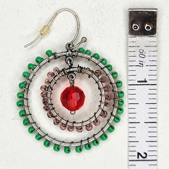 Glass Bead Wire-Weaved Double Hoop Silver Earrings - Picture 5 of 5